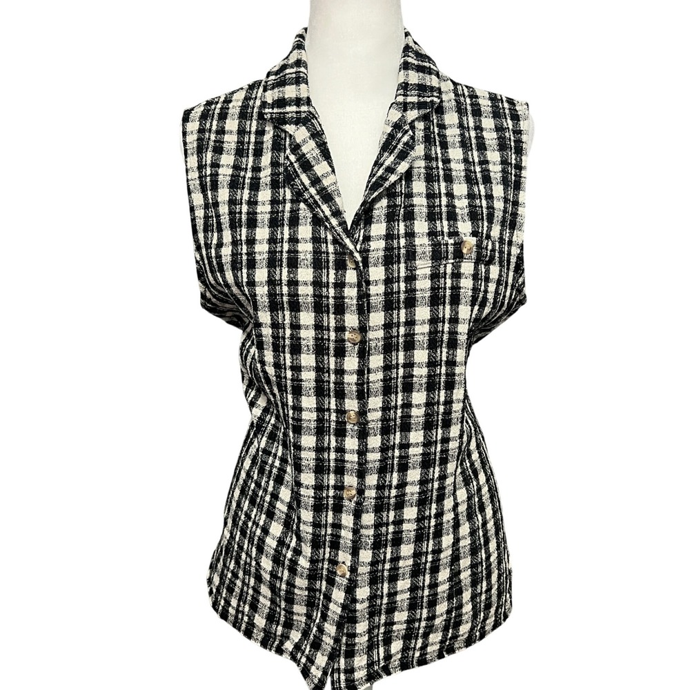 Silk ExChange 100% Silk Vest Top Sleeveless Button Plaid Black White Womens XL